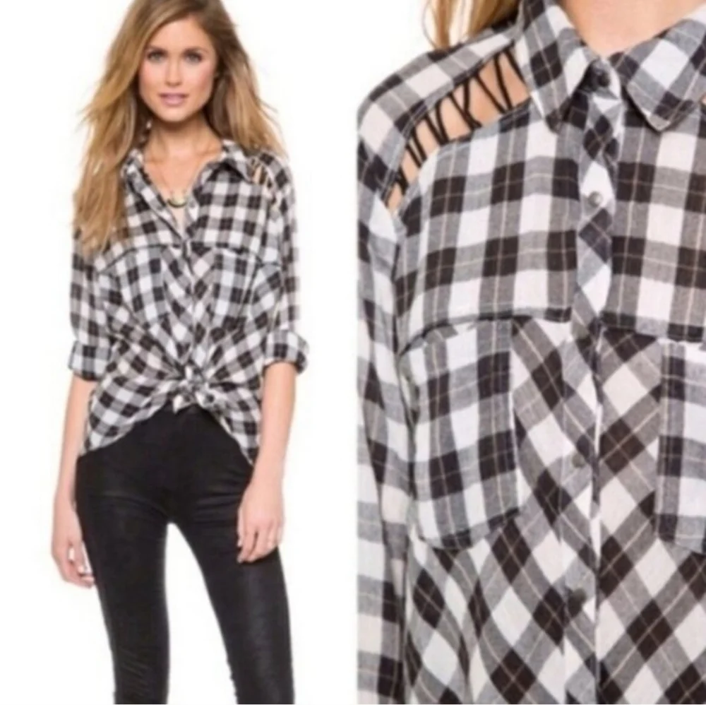 Free People Gauzy Plaid Cutout Shoulder Top